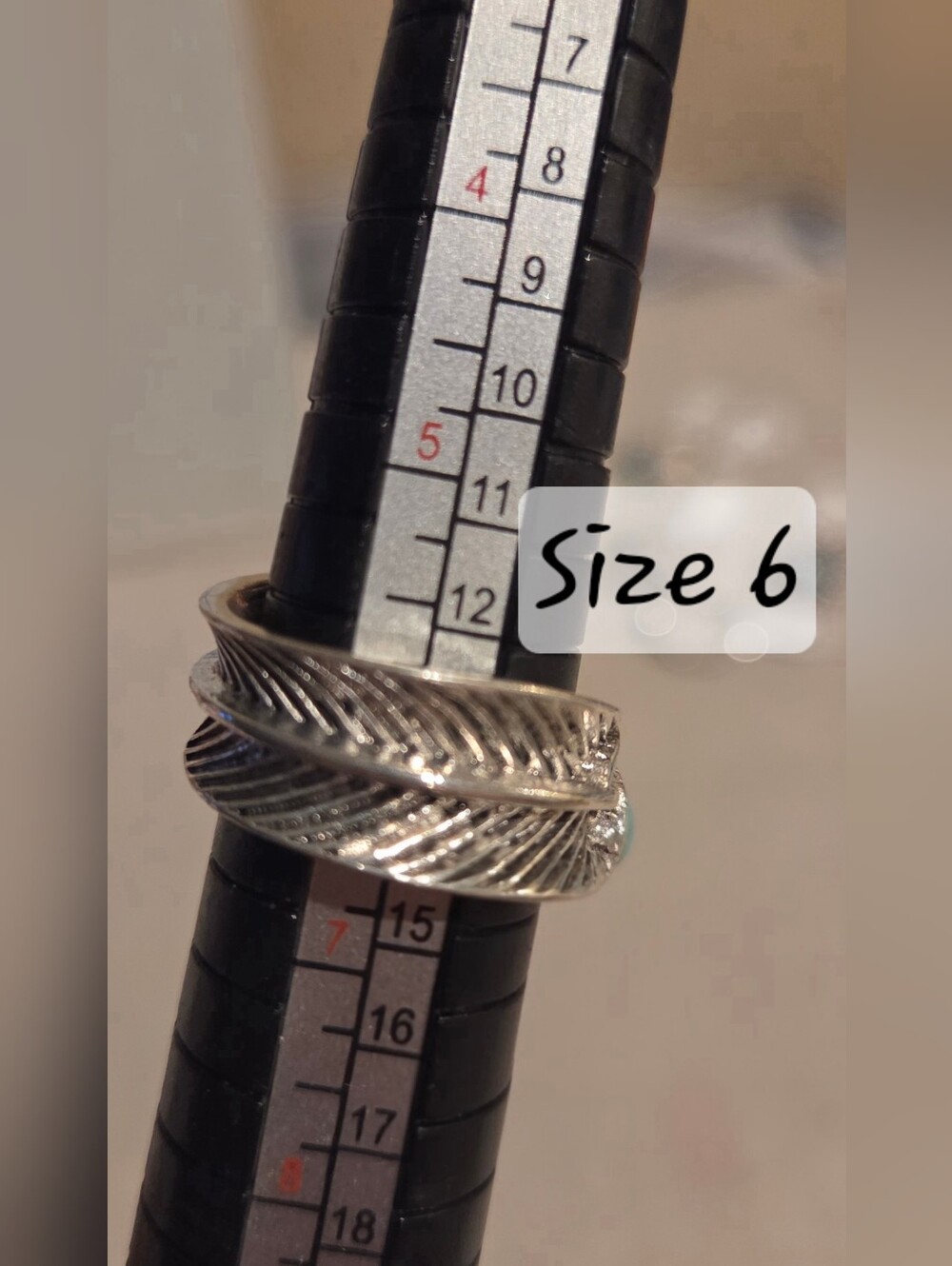 Silver Tone Feather Ring with Turquoise Stone - Size 6 - Picture 4 of 5